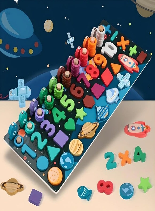 Busy Brain 5-in-1 Space Digital Logarithm Board, Educational STEM Learning Toy with Numbers, Shapes, Colors, Wooden Puzzle for Kids 3+ Years, Solar System Theme - Image 1